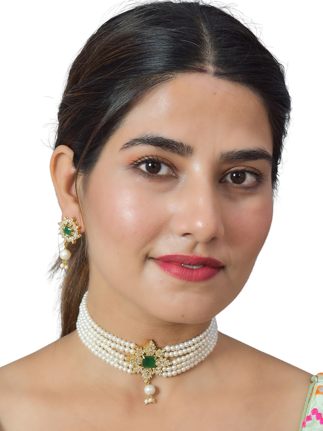 

ROHINIKA Gold-Plated White & Green AD Studded & Beaded Jewellery Set