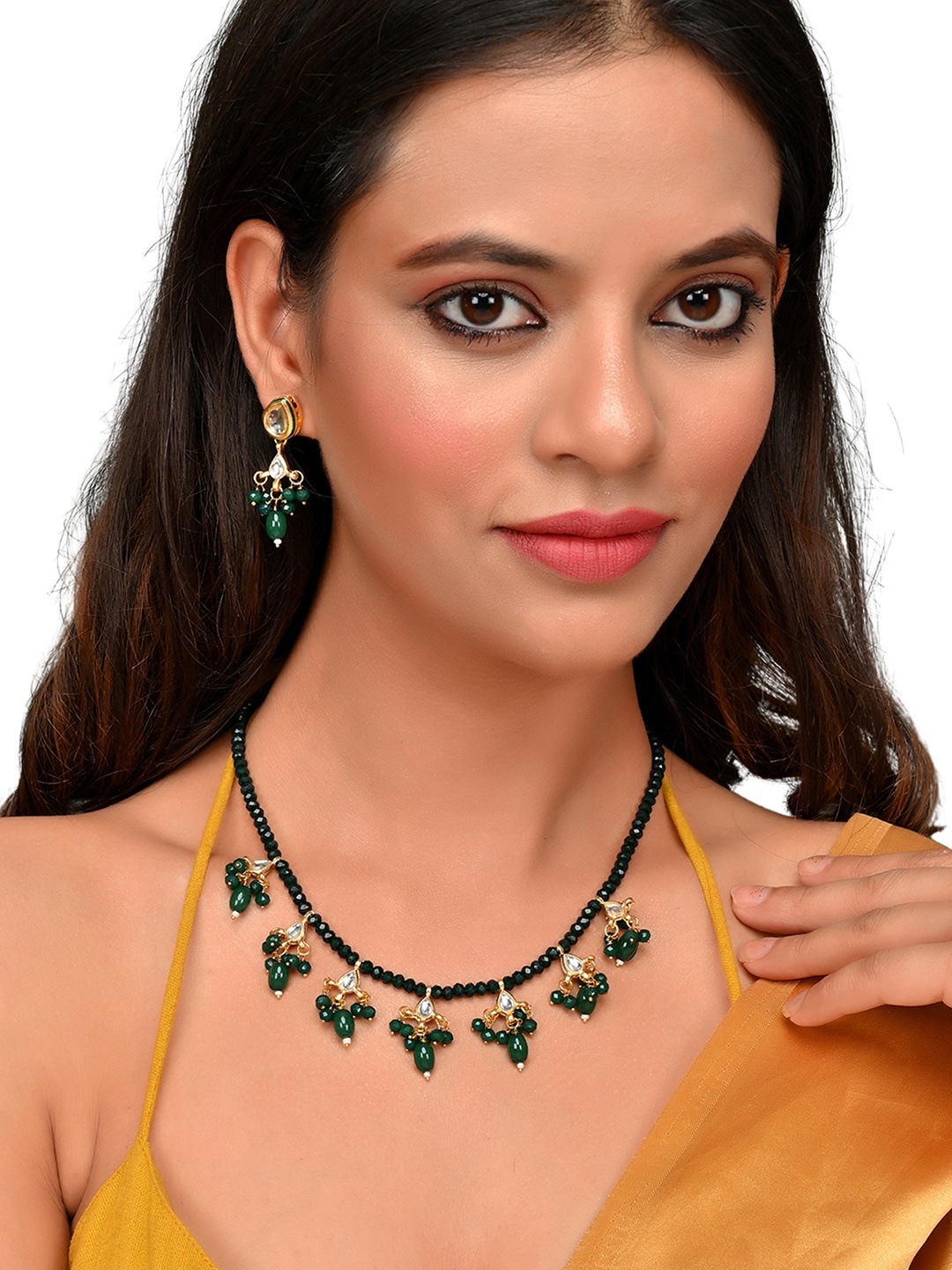 

ROHINIKA Gold-Plated Green & White Kundan Studded & Beaded Jewellery Set
