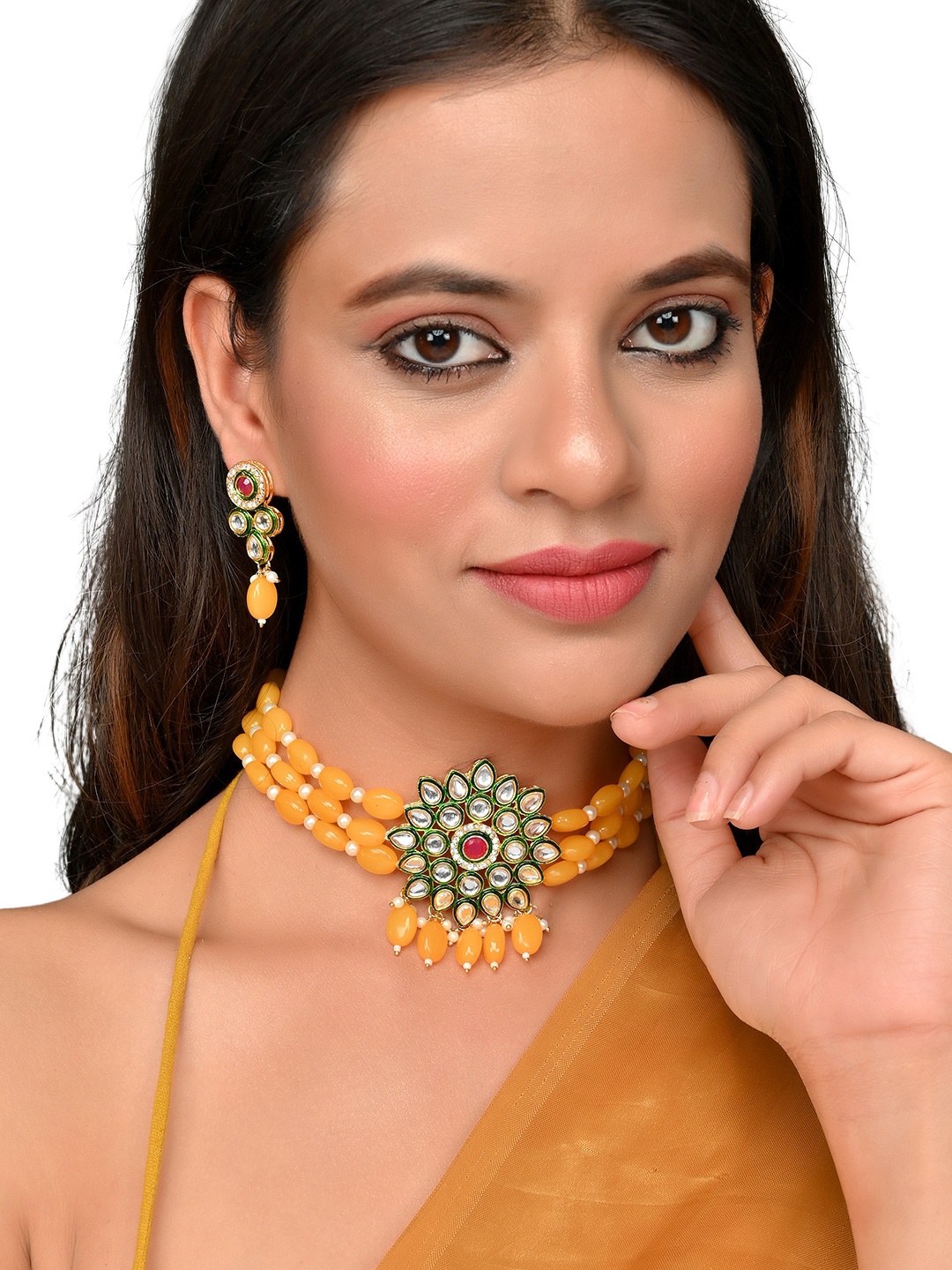 

ROHINIKA Gold-Plated Yellow & White Kundan Studded & Beaded Meenakari Jewellery Set