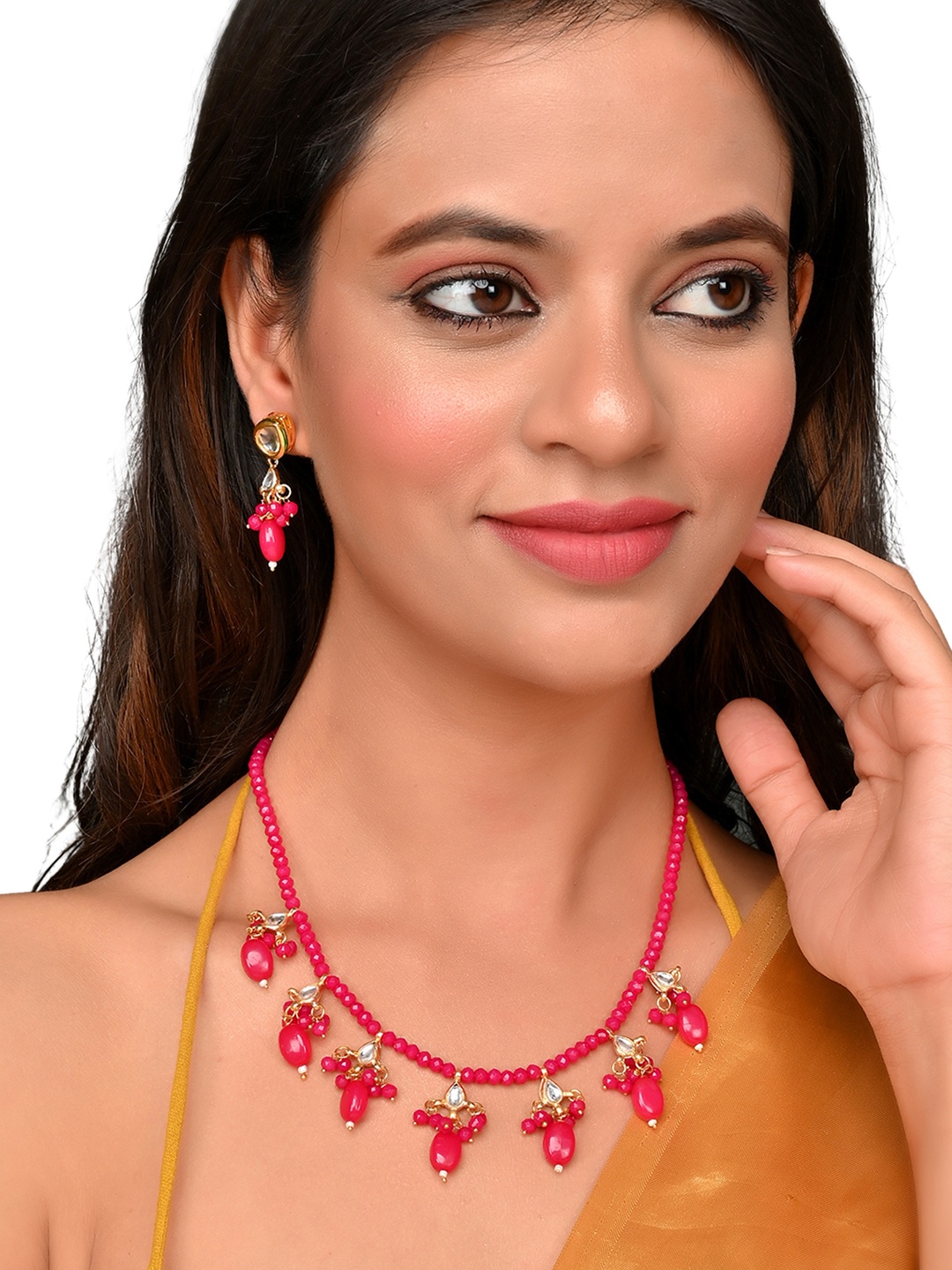 

ROHINIKA Gold-Plated Pink & White Kundan Studded & Beaded Jewellery Set