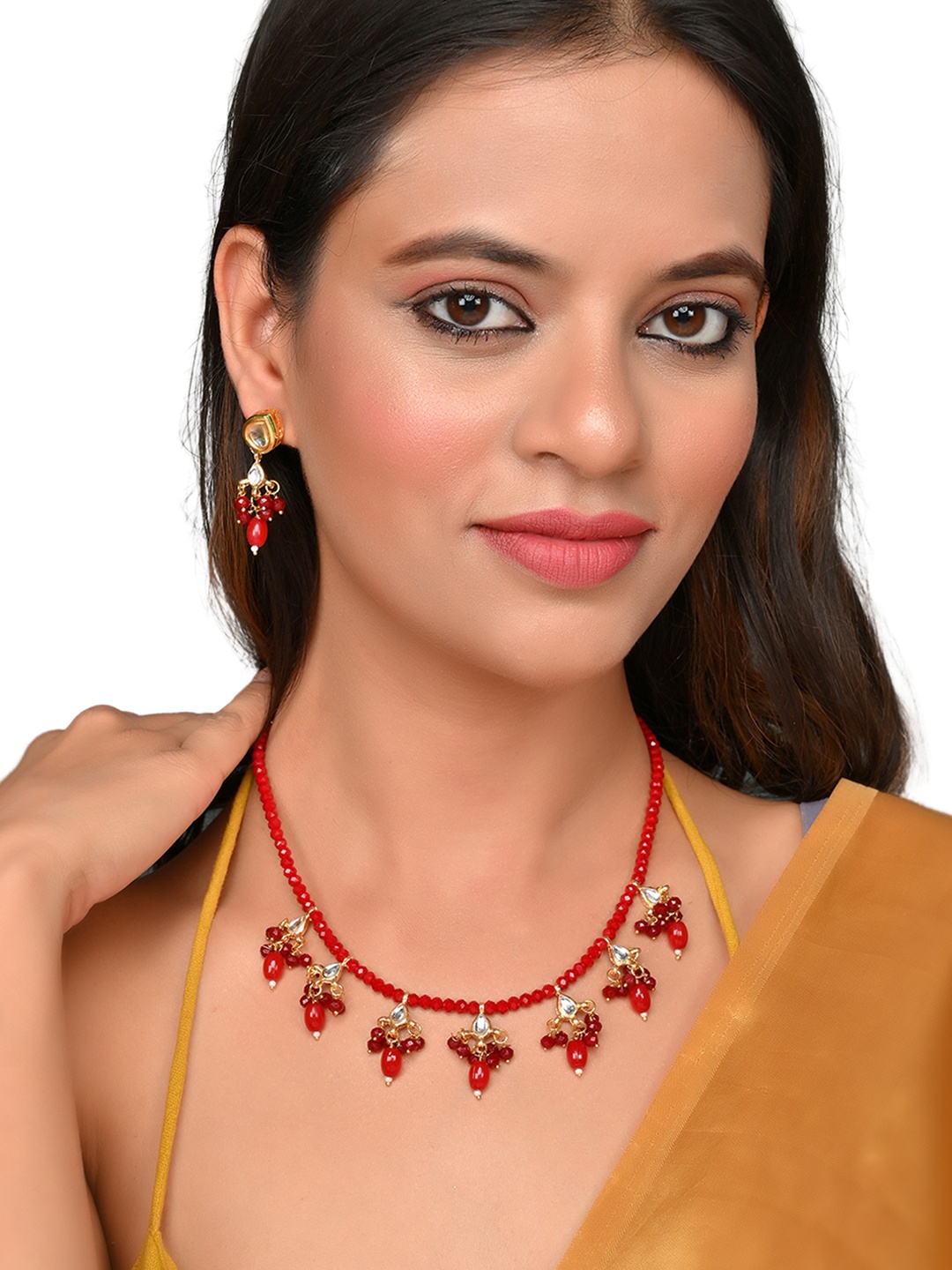 

ROHINIKA Gold-Plated Red Kundan & Beaded Jewellery Set