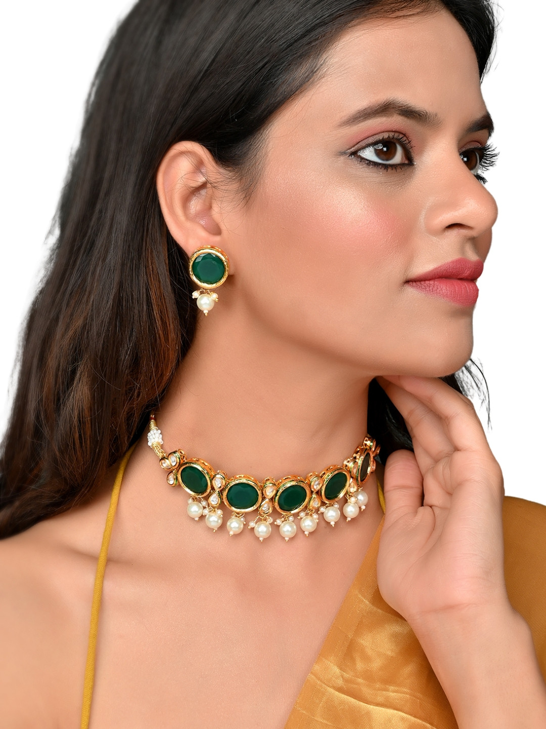 

ROHINIKA Gold-Plated Green & White Crystal Studded & Beaded Jewellery Set