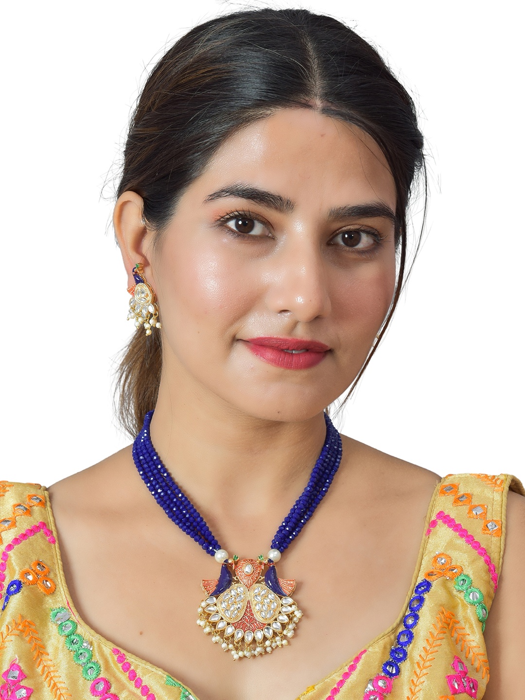 

ROHINIKA Gold-Plated Blue Kundan Studded & Artificial Beaded Meenakari Jewellery Set