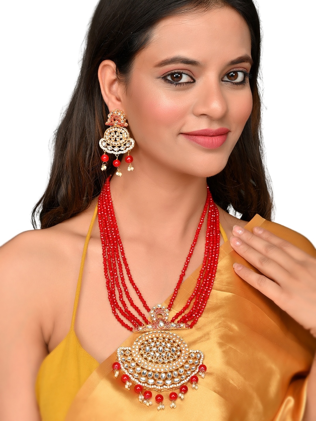 

ROHINIKA Gold-Plated Red & White AD Studded & Beaded Jewellery Set