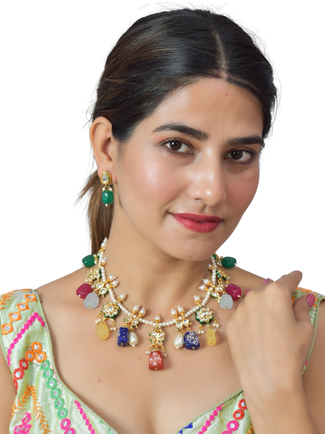 

ROHINIKA Gold-Plated White & Blue Kundan Studded & Beaded Jewellery Set