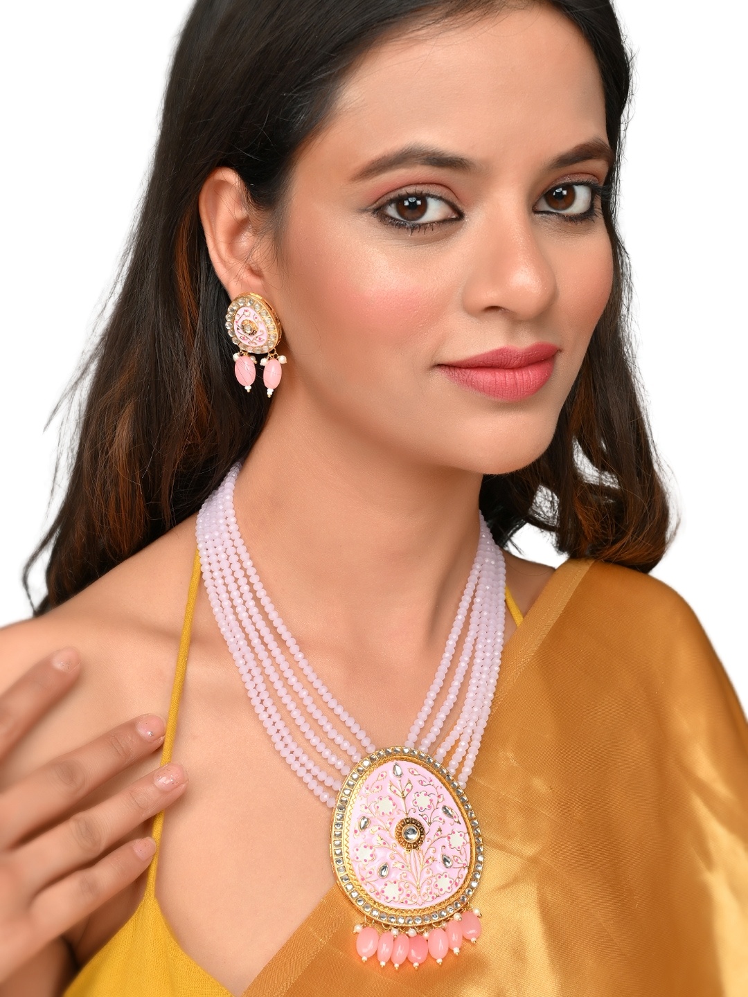 

ROHINIKA Gold-Plated Pink & White Kundan Studded & Beaded Meenakari Jewellery Set