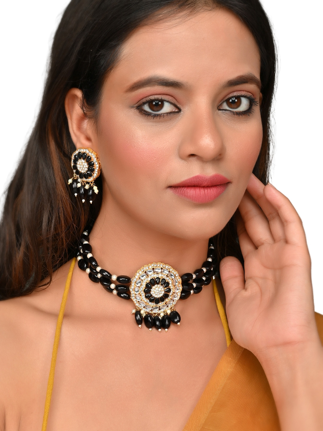 

ROHINIKA Gold-Plated Black & White Kundan Studded & Beaded Jewellery Set