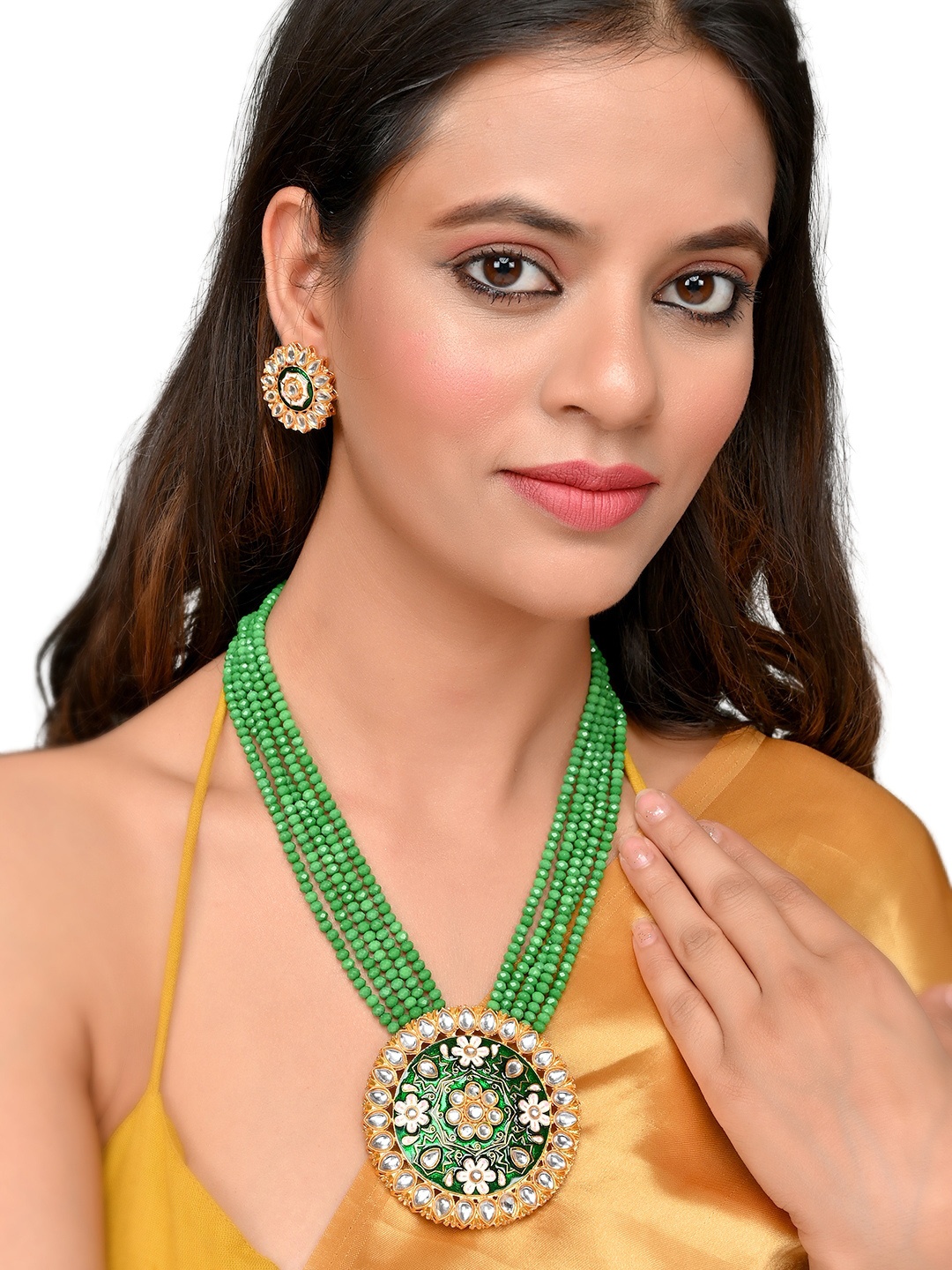 

ROHINIKA Gold-Plated Green & White Kundan Studded & Beaded Meenakari Jewellery Set