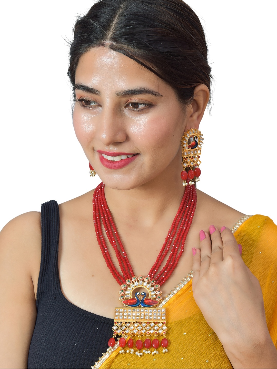 

ROHINIKA Gold-Plated Red & White Kundan Studded & Beaded Meenakari Jewellery Set