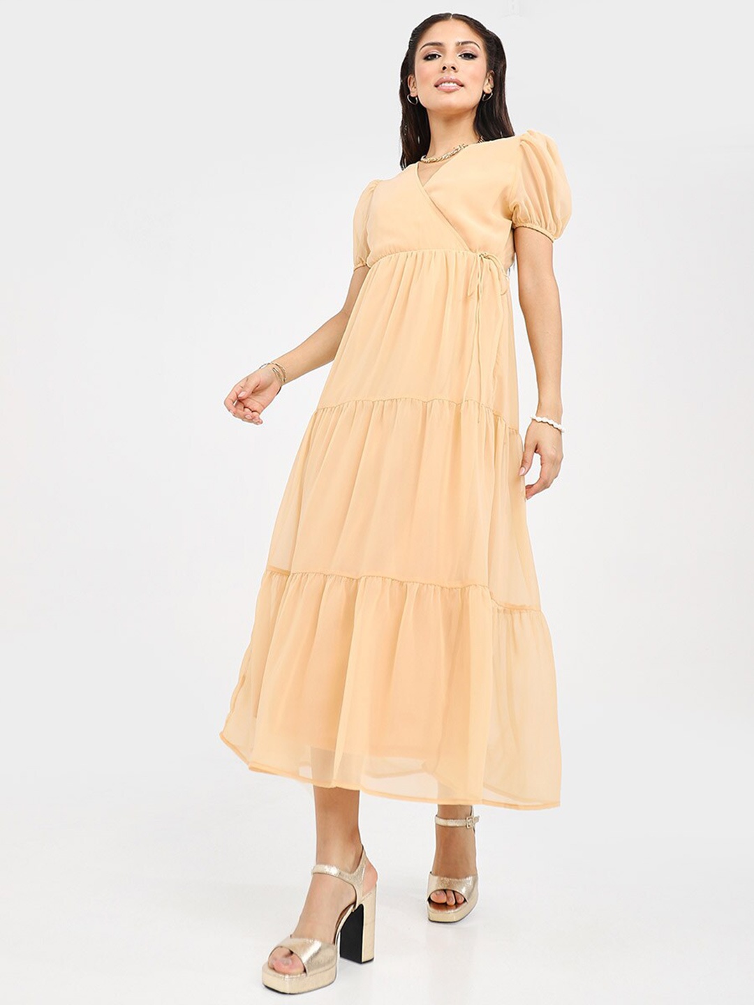 

Styli Women Beige Tiered Wrap Dress