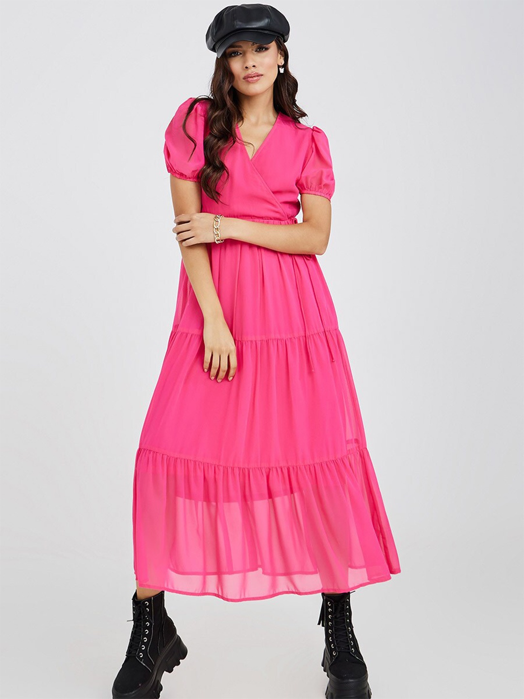 

Styli Women Pink Tiered Wrap Dress
