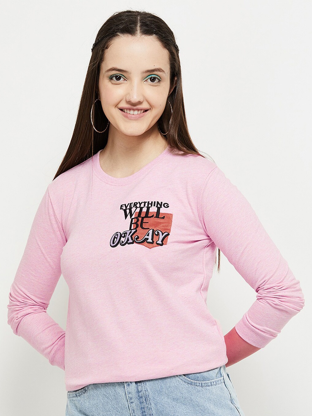 

max Women Pink Printed Pure Cotton Sweatshirt