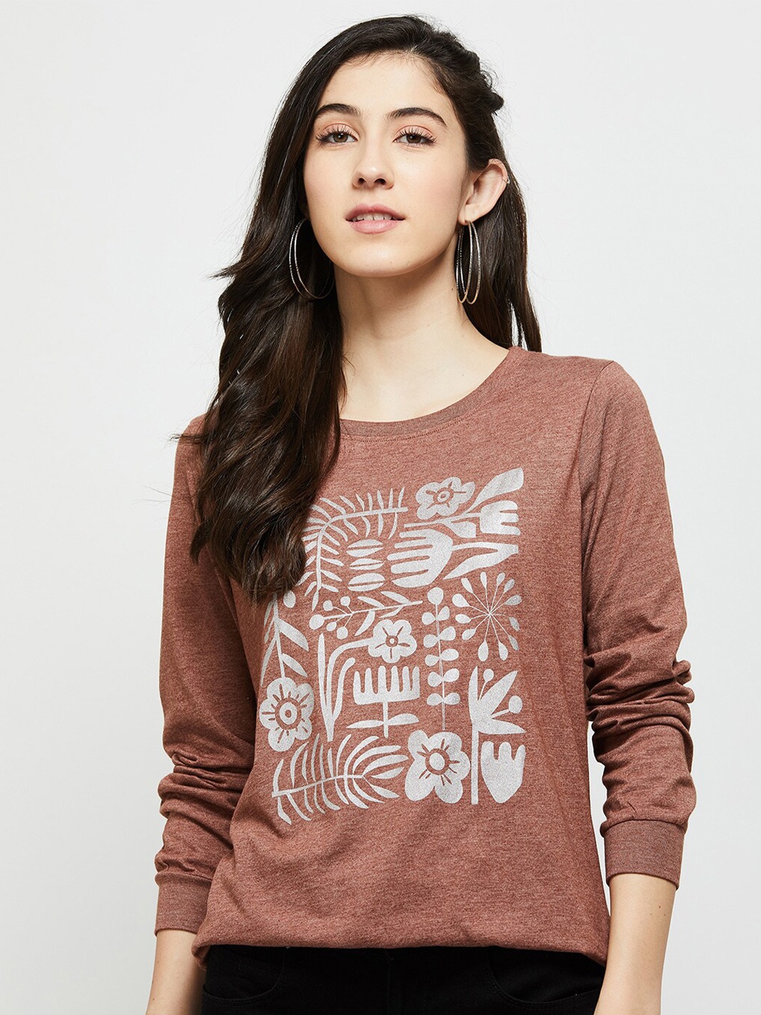 

max Women Brown Printed Cotton Sweatshirt