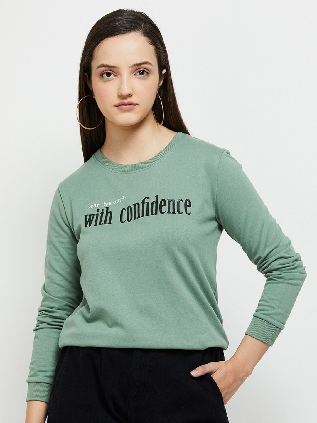 

max Women Green Printed Round Neck Cotton Sweatshirt