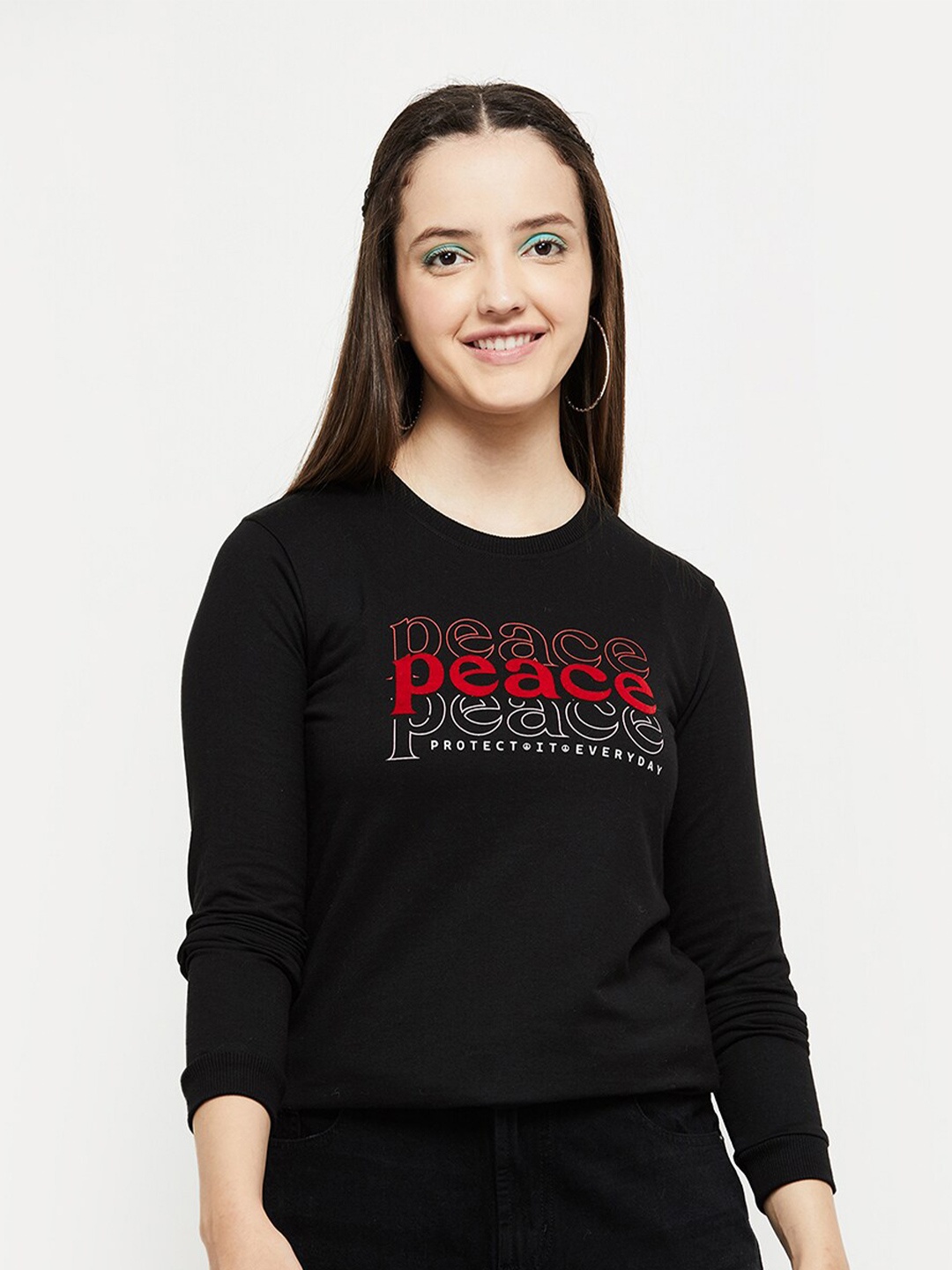 

max Women Black Printed Cotton Sweatshirt