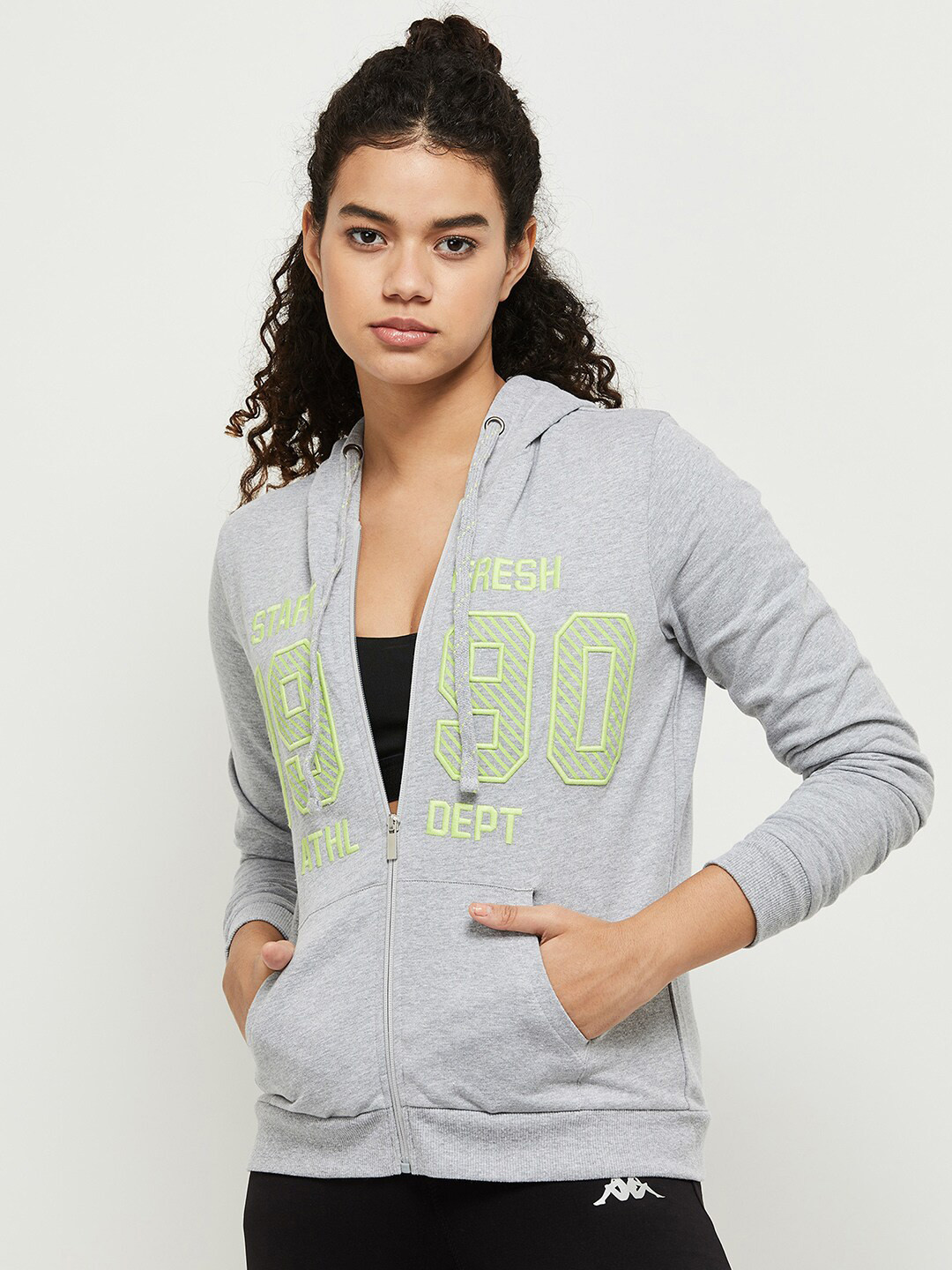 

max Women Grey Melange Printed Cotton Hooded Sweatshirt