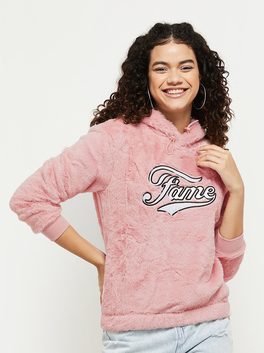 

max Women Pink Printed Hooded Sweatshirt