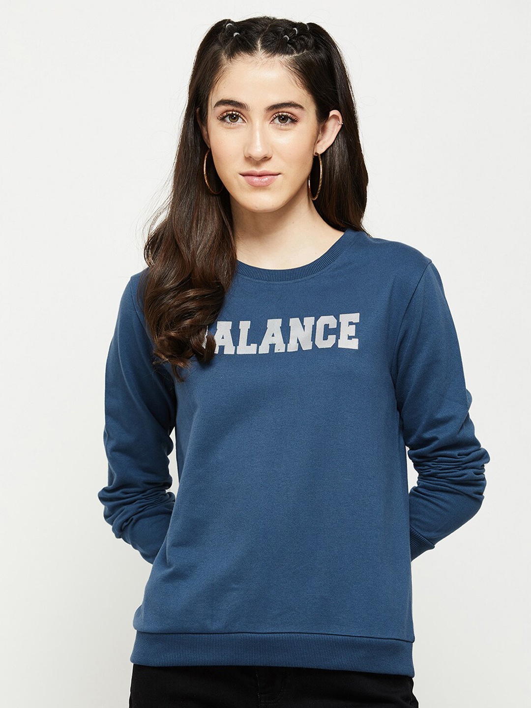 

max Women Blue Printed Pure Cotton Sweatshirt