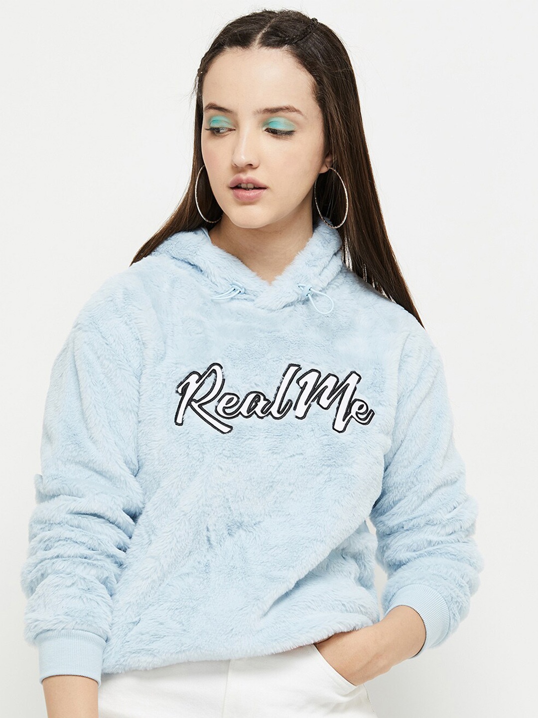 

max Women Blue Printed Hooded Sweatshirt
