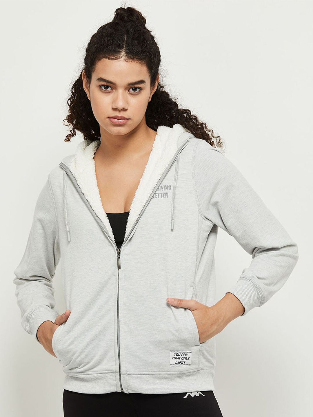 

max Women Grey Melange Front-Open Cotton Hooded Sweatshirt