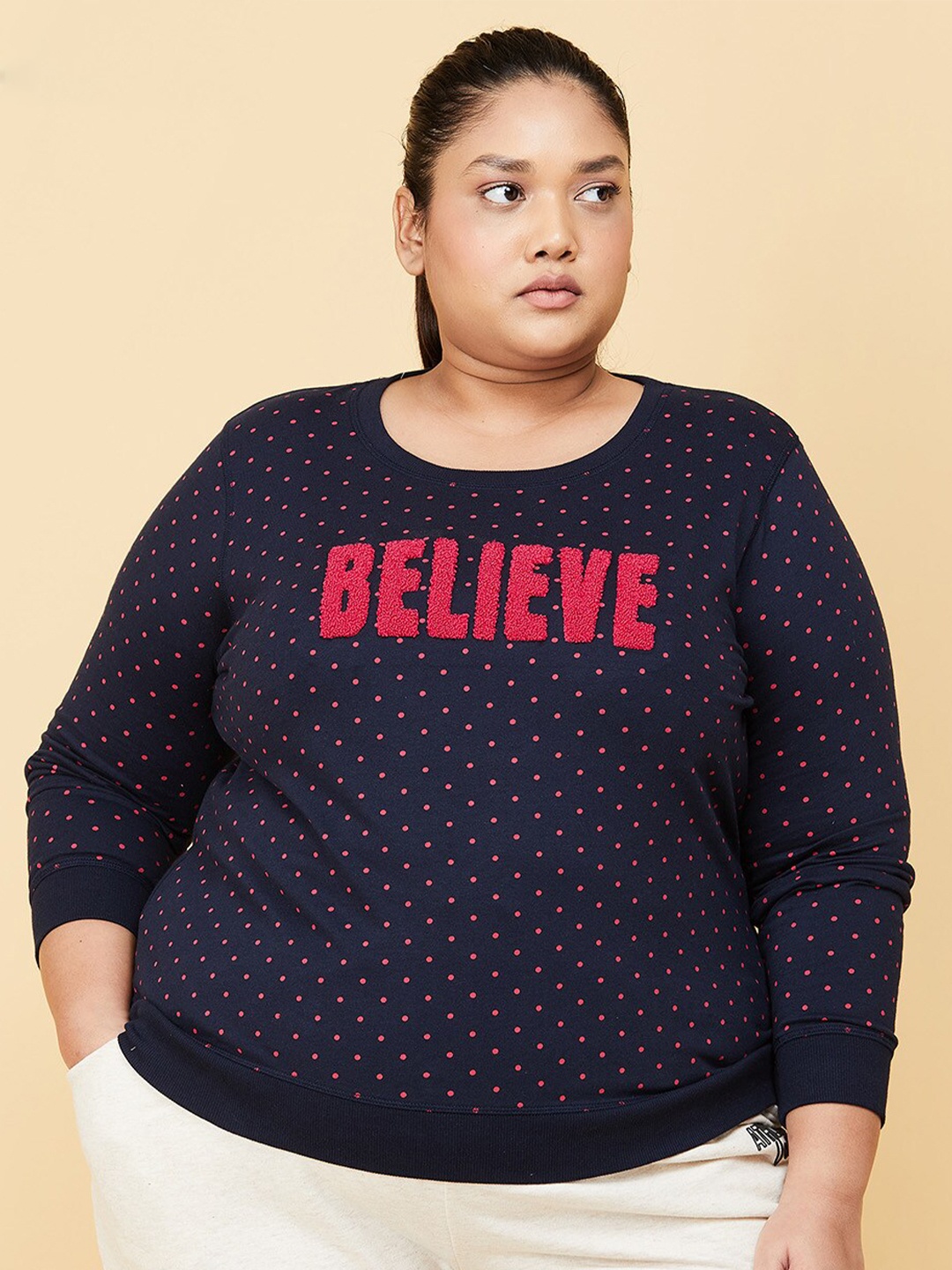 

max Women Navy Blue Printed Cotton Sweatshirt