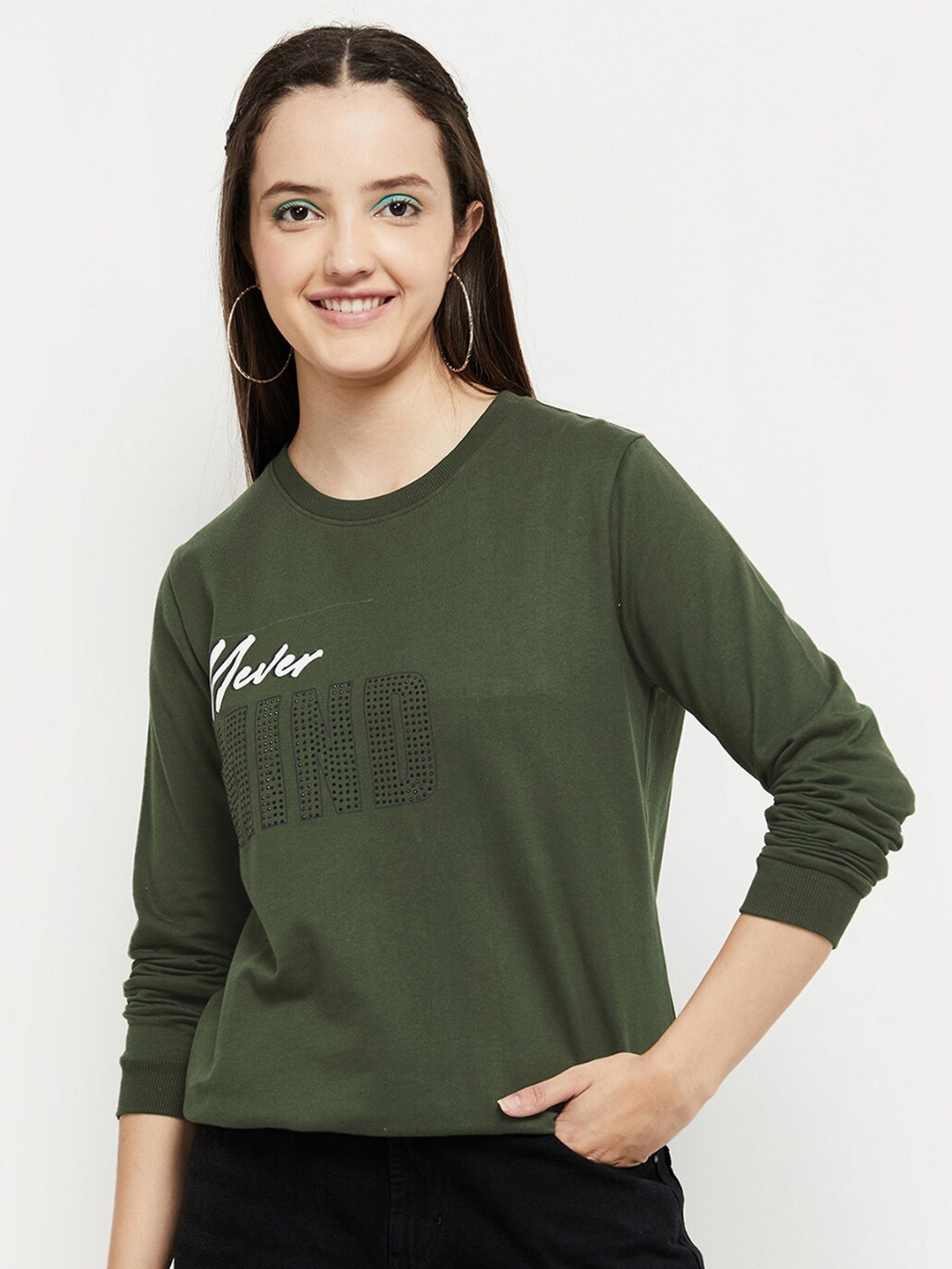 

max Women Olive Green Printed Pure Cotton Sweatshirt