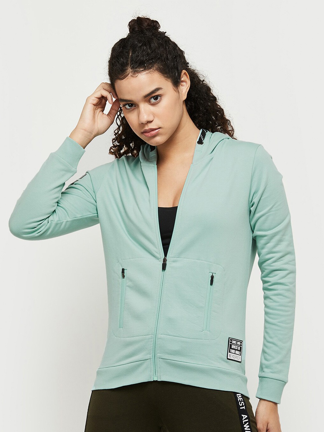 

max Women Sea Green Front-Open Pure Cotton Hooded Sweatshirt