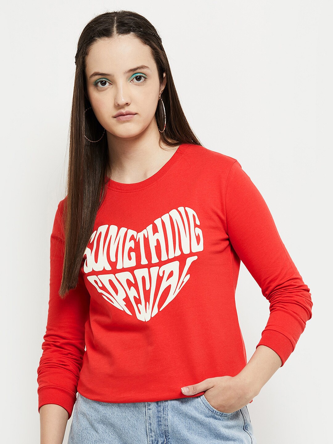 

max Women Red Printed Pure Cotton Sweatshirt