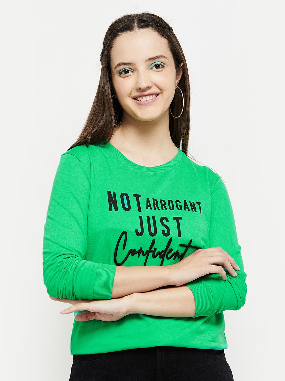 

max Women Green Printed Pure Cotton Sweatshirt