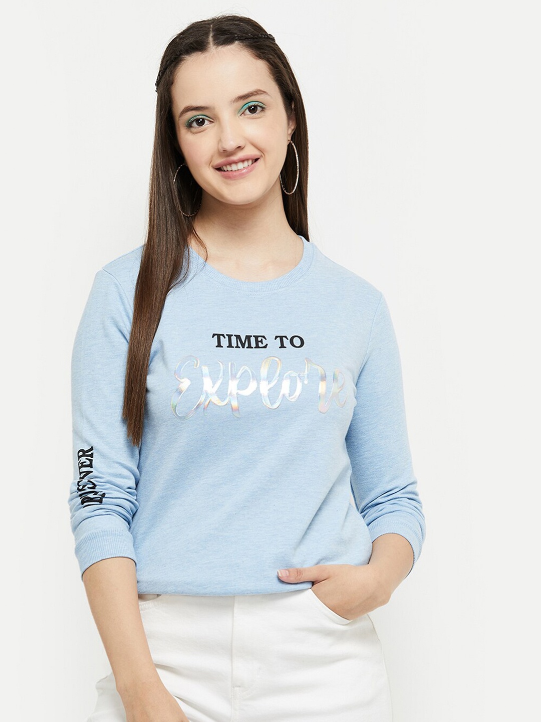 

max Women Blue Printed Pure Cotton Sweatshirt