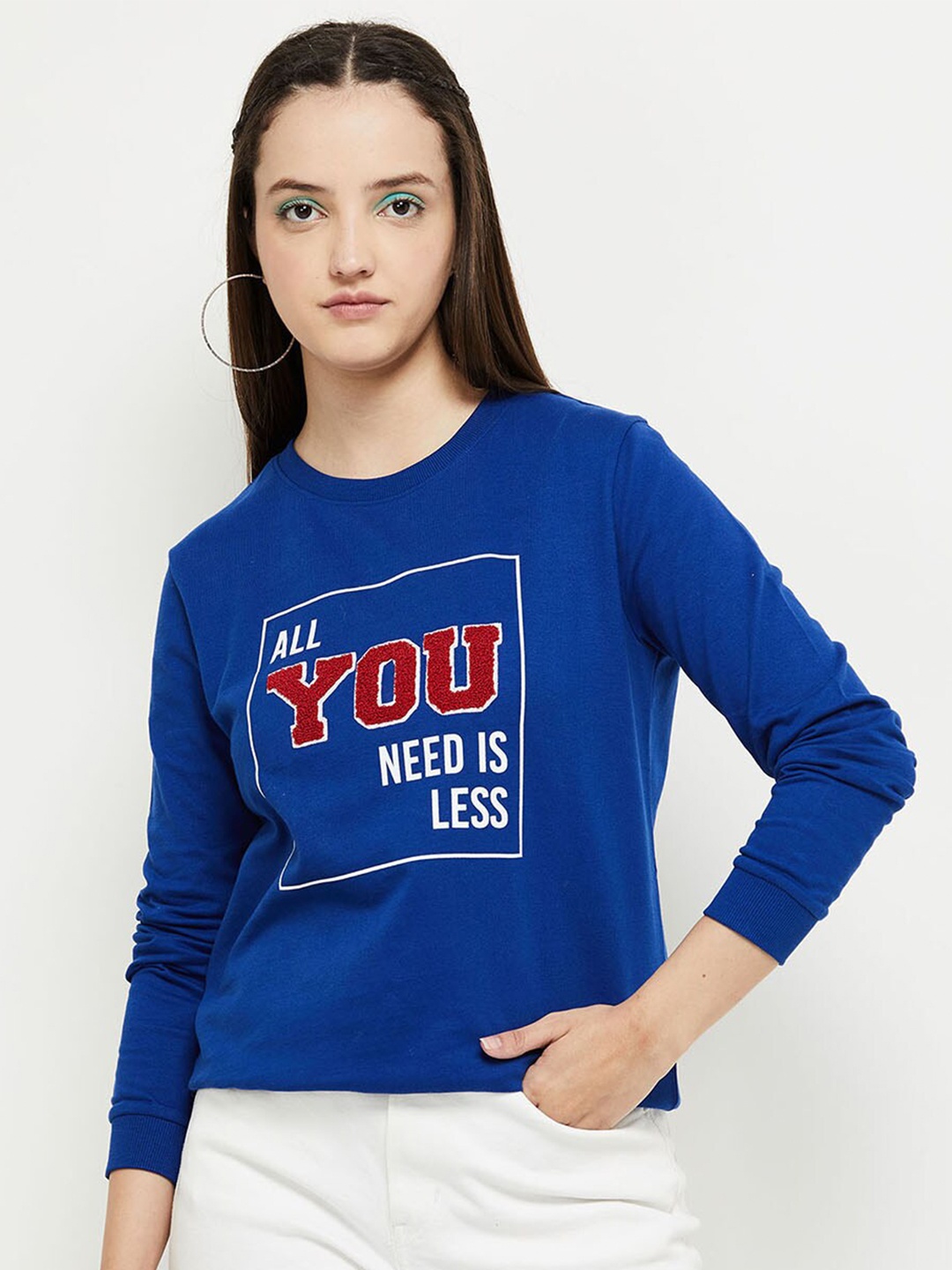 

max Women Blue Printed Pure Cotton Sweatshirt