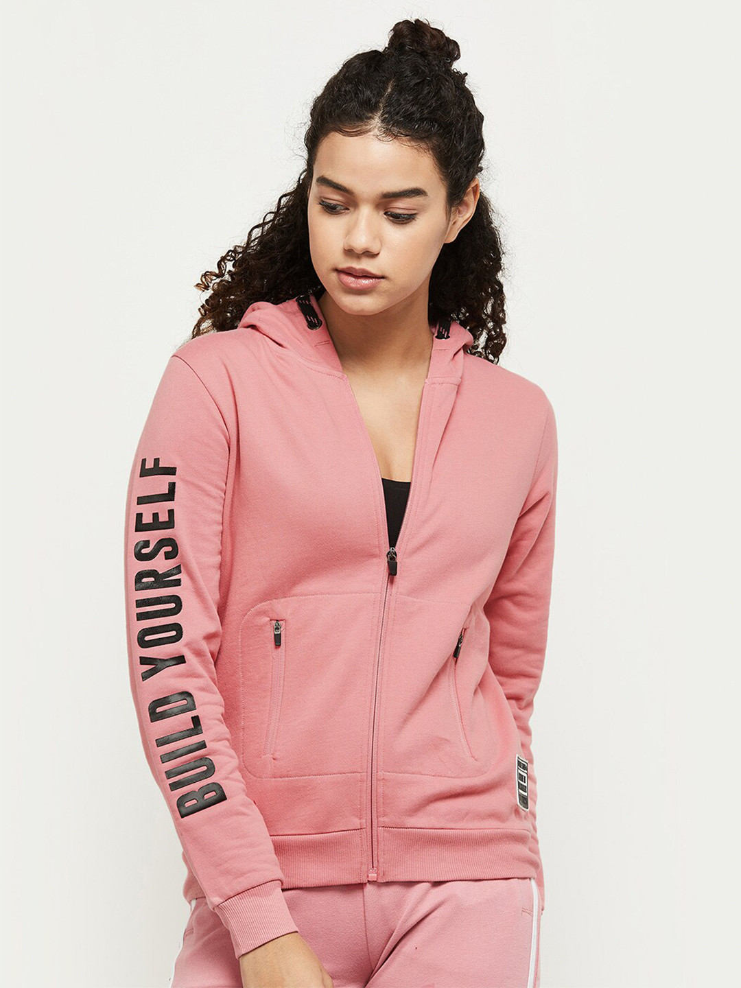 

max Women Pink Printed Pure Cotton Hooded Sweatshirt