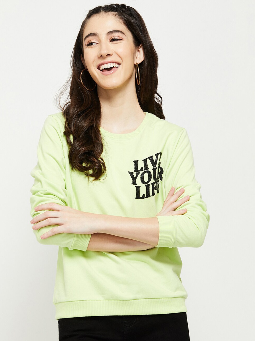 

max Women Lime Green Printed Pure Cotton Sweatshirt