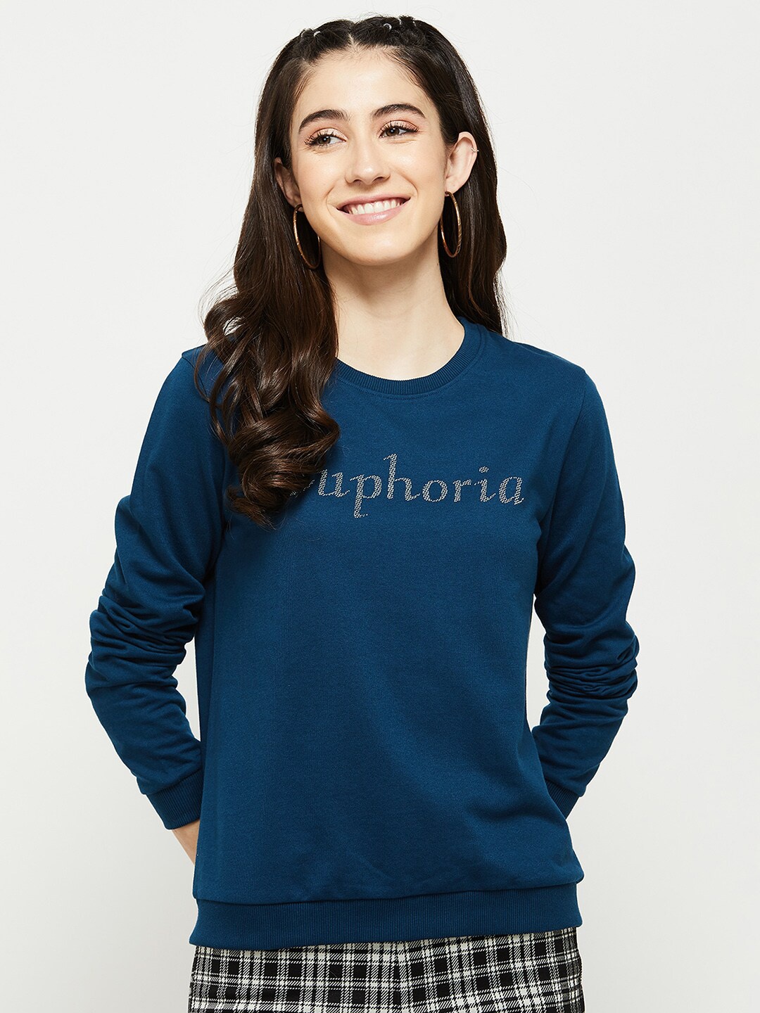 max Women Navy Blue Printed Pure Cotton Sweatshirt