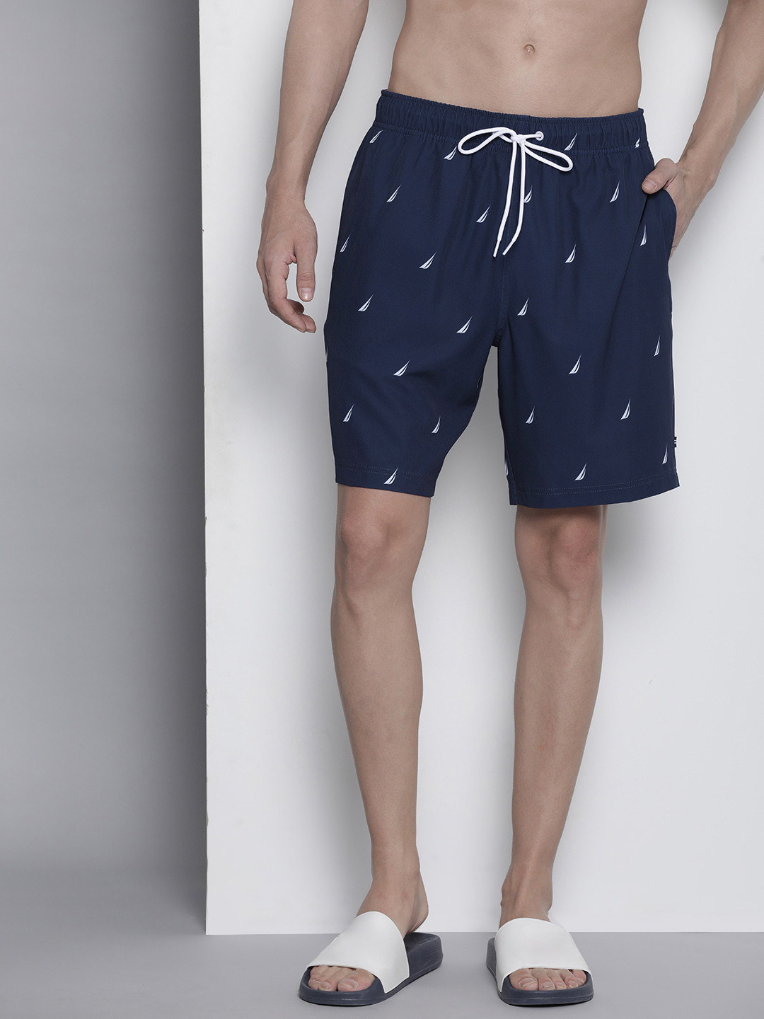 

Nautica Men Mid-Rise Geometric Printed Swim Shorts With Drawstring Closure, Navy blue