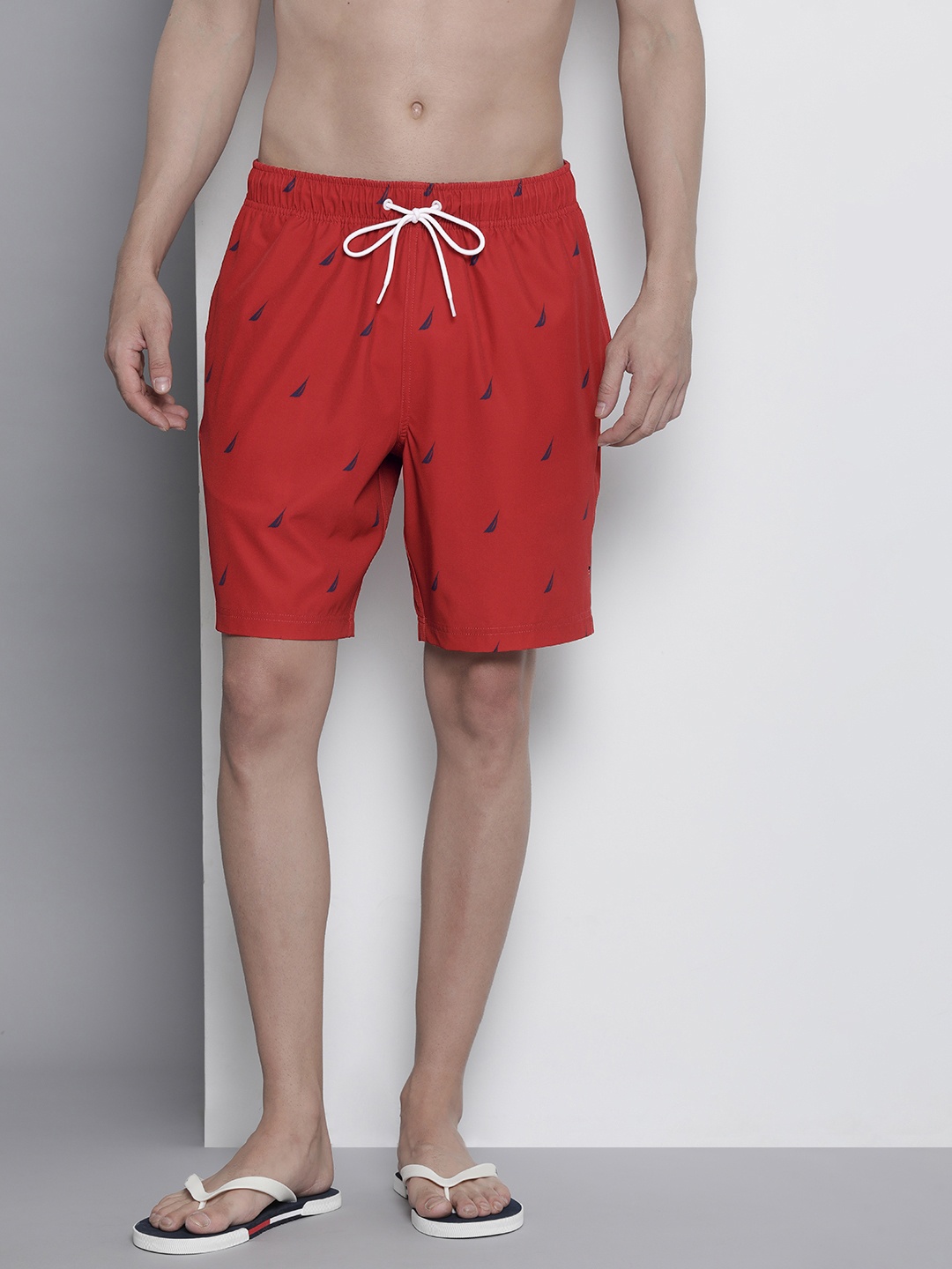 

Nautica Men Brand Logo Printed Mid Rise Above Knee Swim Shorts, Red