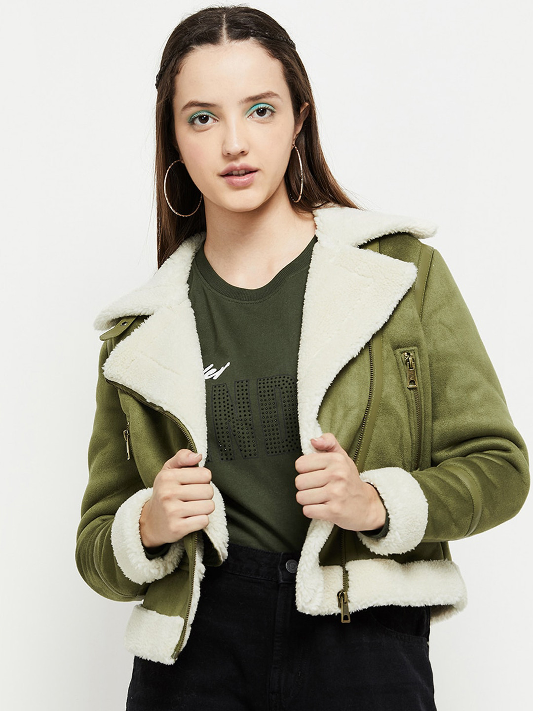 

max Women Green Cream-Coloured Colourblocked Crop Bomber Jacket