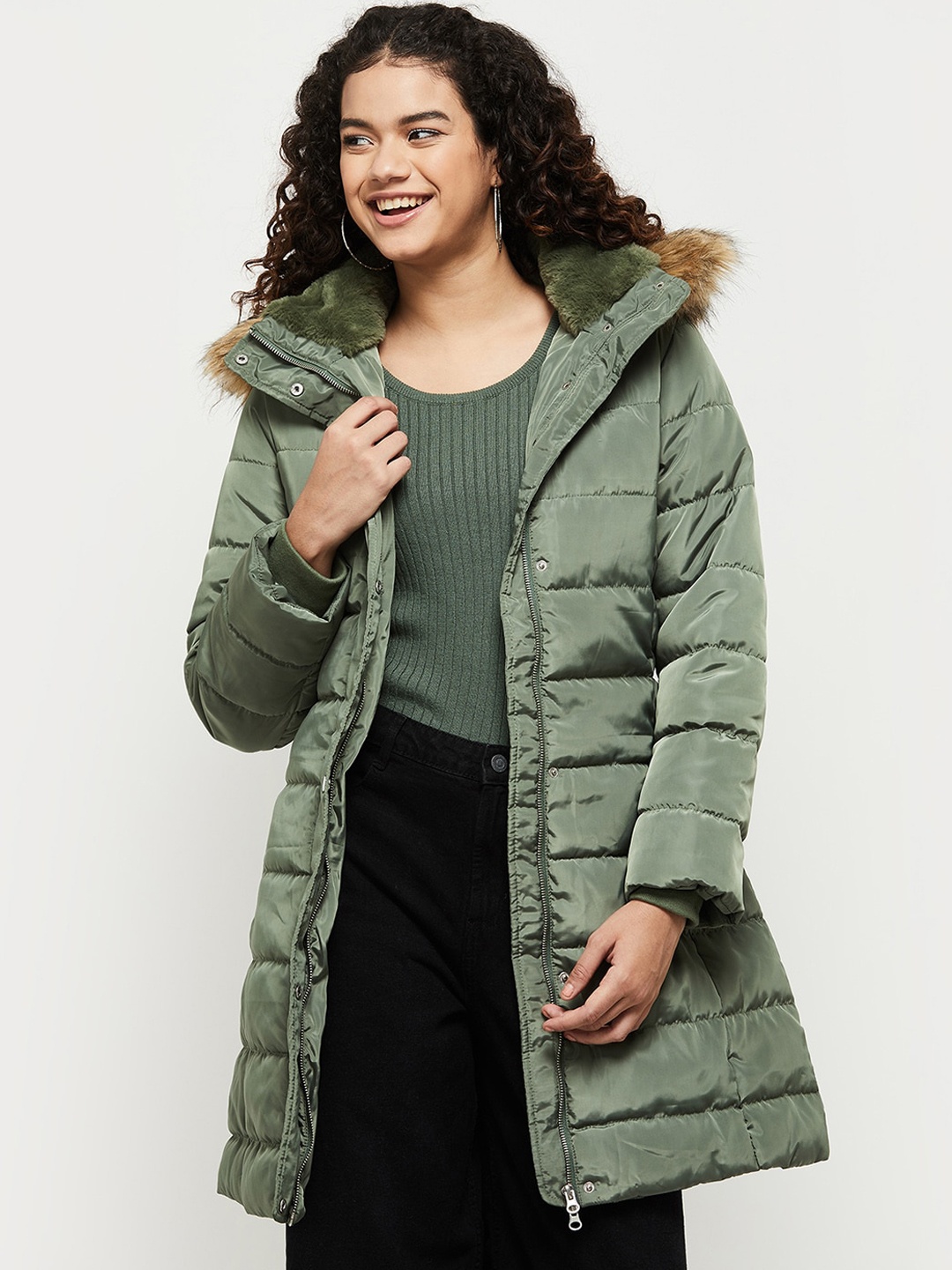 

max Women Green Striped Longline Parka Jacket