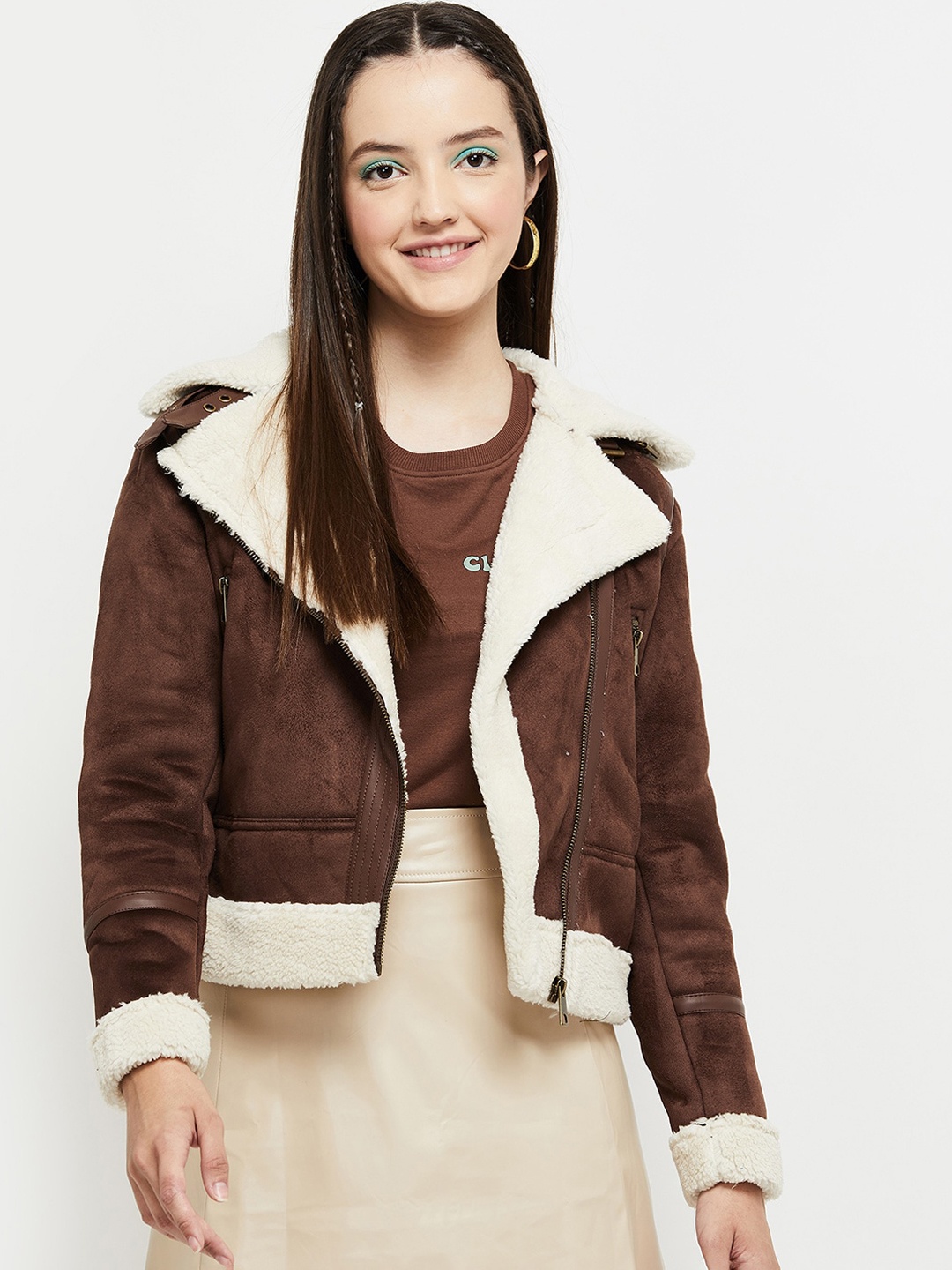 

max Women Brown Cream-Coloured Colourblocked Crop Parka Jacket