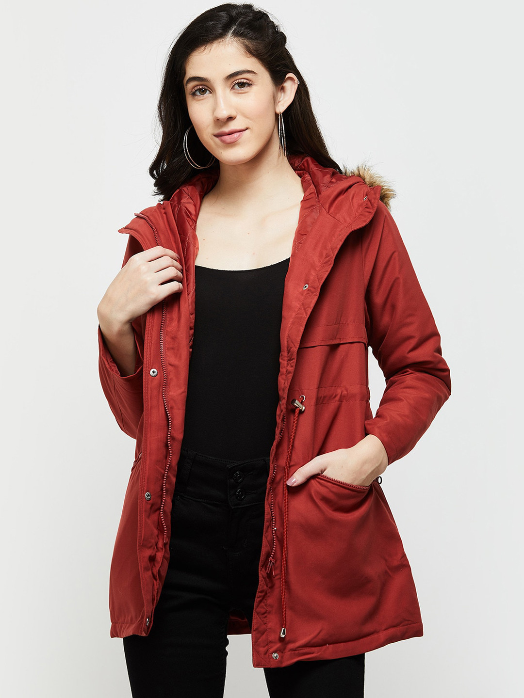 

max Women Red Brown Longline Parka Jacket