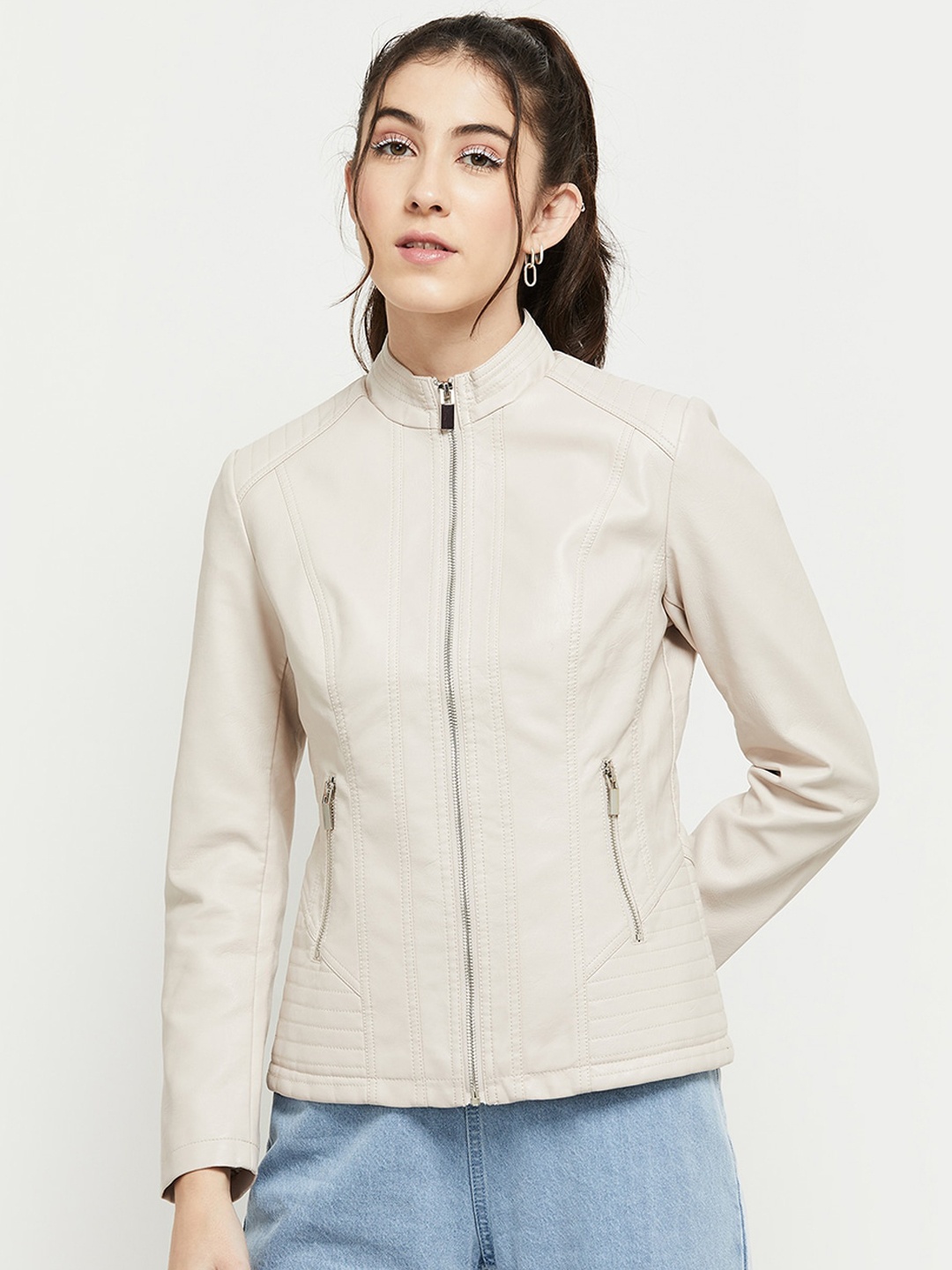 

max Women Cream-Coloured Biker Jacket