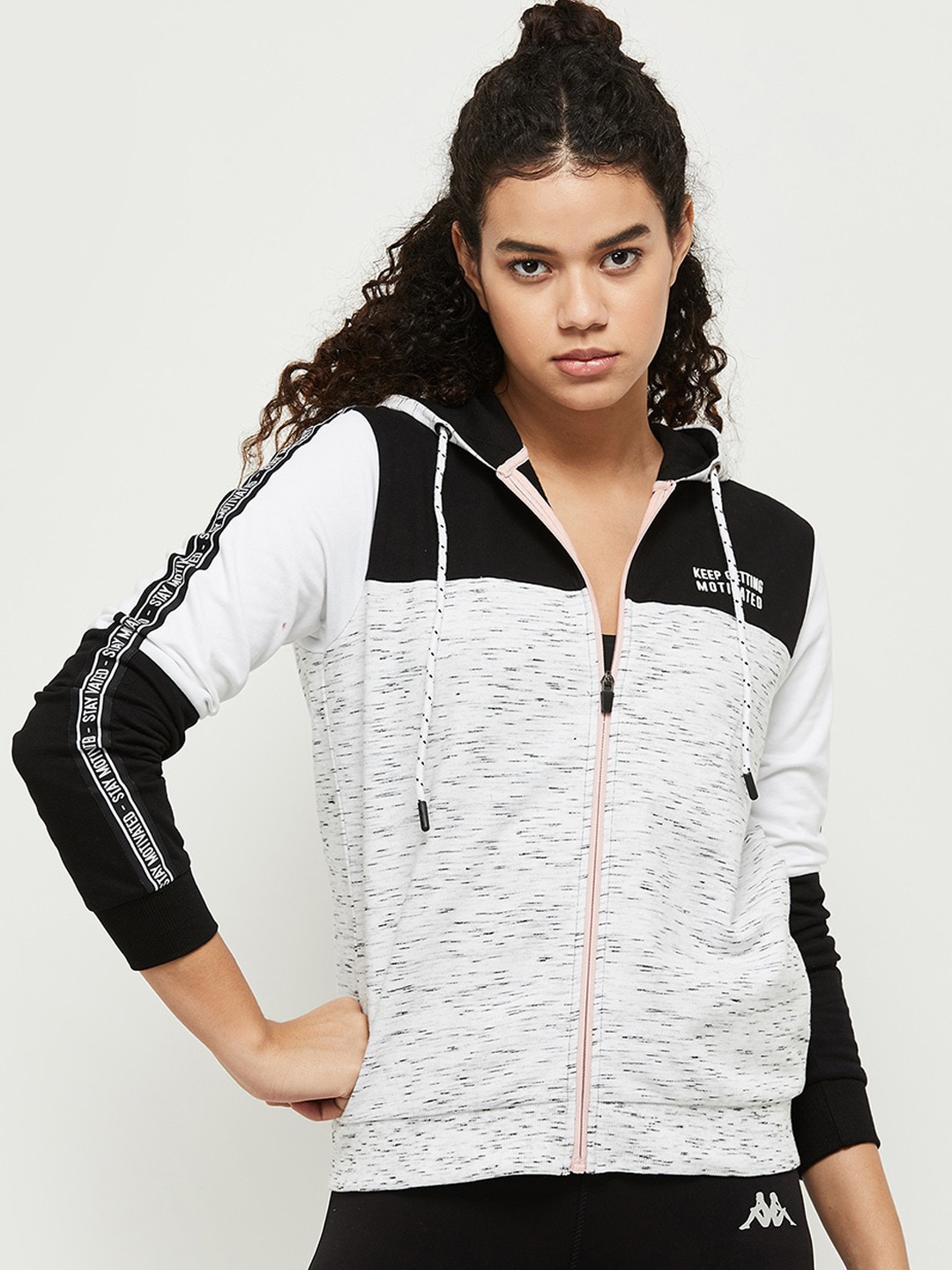 

max Women Black White Typography Sporty Jacket