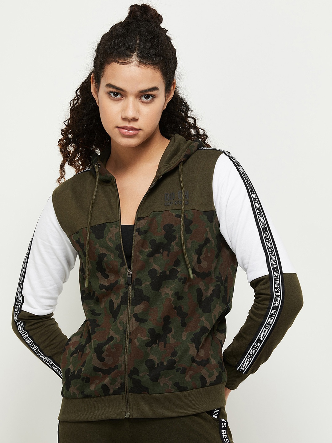 

max Women Green Black Hooded Camouflage Bomber Jacket