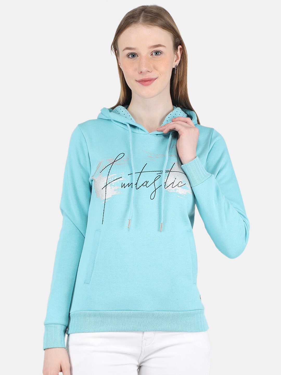 

Monte Carlo Women Blue Printed Hooded Sweatshirt