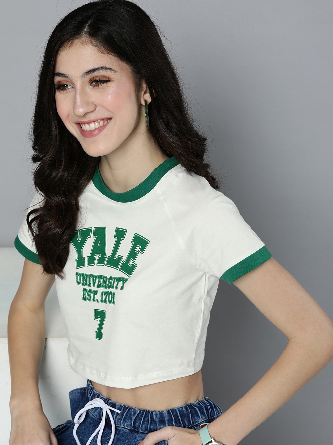 

HERE&NOW Women Pure Cotton Typography Printed Crop T-shirt, White