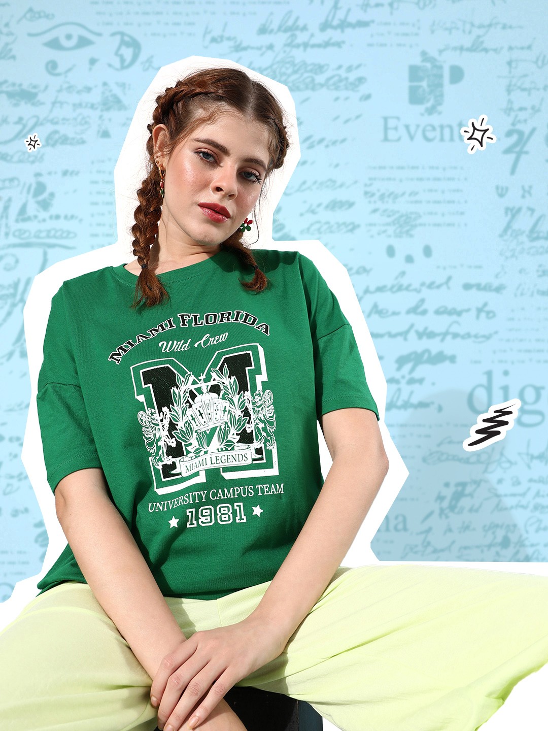 

HERE&NOW Women Pure Cotton Typography Printed Round Neck T-shirt, Green