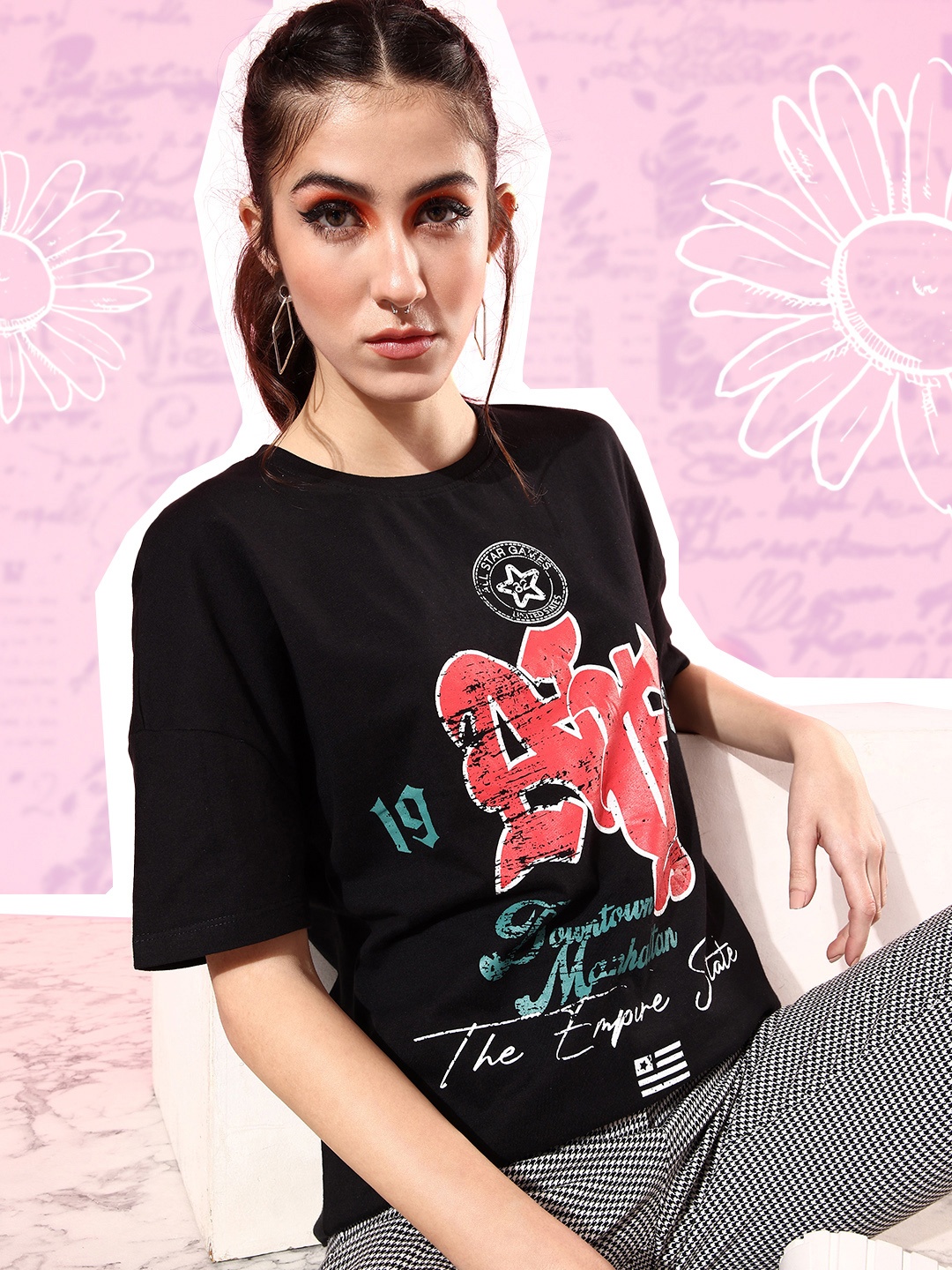 

HERE&NOW Women Black Pure Cotton Typography Printed Round Neck T-shirt