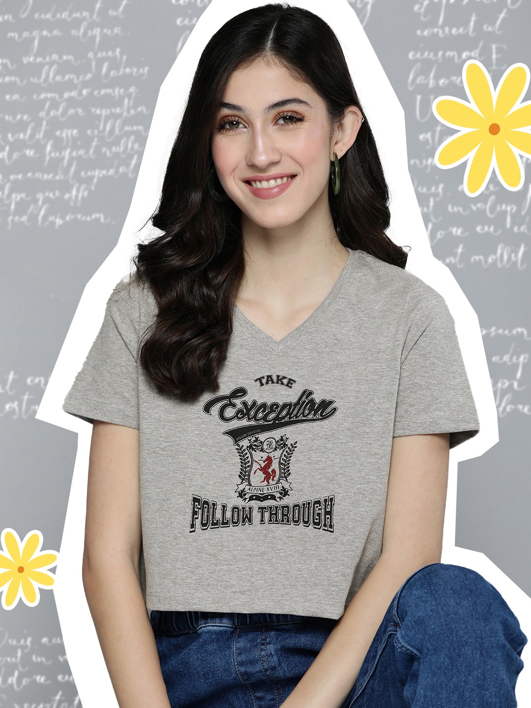 

HERE&NOW Women Typography Printed V-Neck Crop T-shirt, Grey