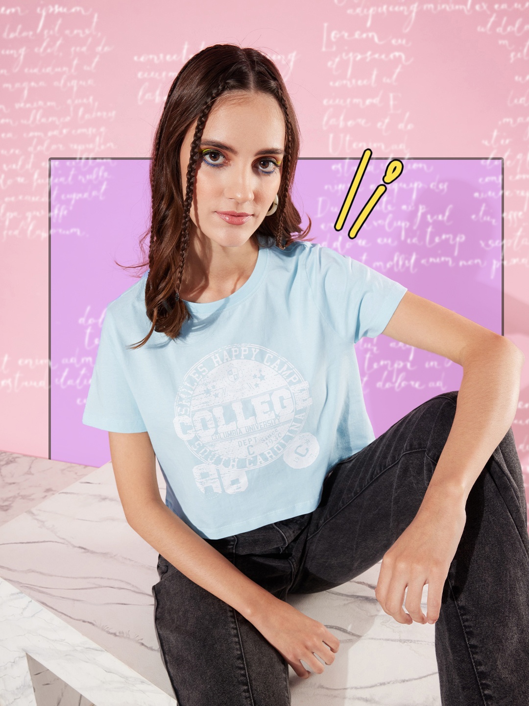 

HERE&NOW Women Blue Pure Cotton Typography Printed Round Neck T-shirt