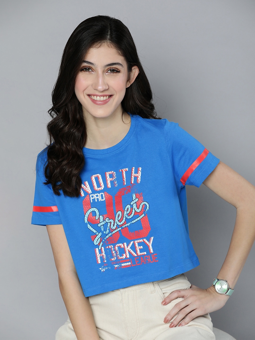 

HERE&NOW Women Pure Cotton Typography Printed Crop T-shirt, Blue